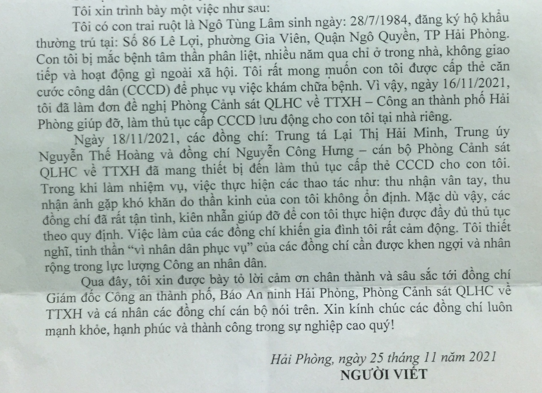 Nhân dân gửi thư cảm ơn Phòng Cảnh sát quản lý hành chính về trật tự xã hội